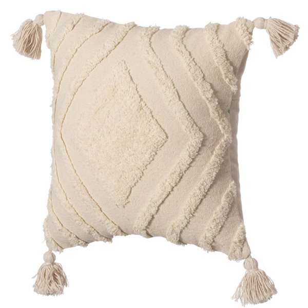 Deerlux Throw Pillow Cover 16 in Handwoven Cotton with Tufted Chevron Pattern and Tassels - White