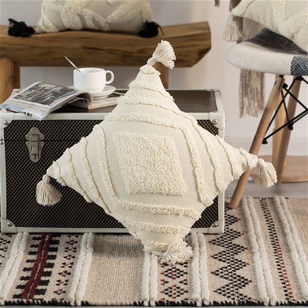 Deerlux Throw Pillow Cover 16 in Handwoven Cotton with Tufted Chevron Pattern and Tassels - White