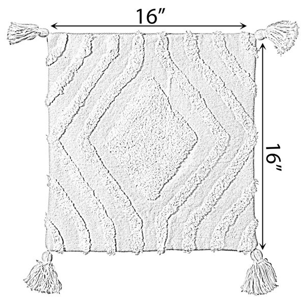 Deerlux Throw Pillow Cover 16 in Handwoven Cotton with Tufted Chevron Pattern and Tassels - White