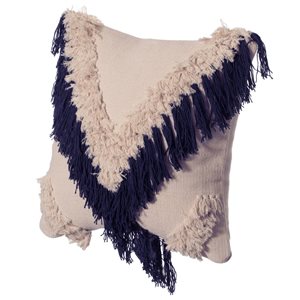Housse de coussin Deerlux 16 po en coton tissé avec franges en relief, marine et beige
