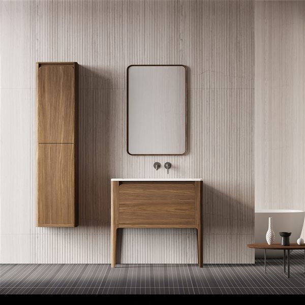 GEF Elaina 36-in W Walnut Wall Mount Single Sink Bathroom Vanity w/ Matte White Top on Walnut Legs