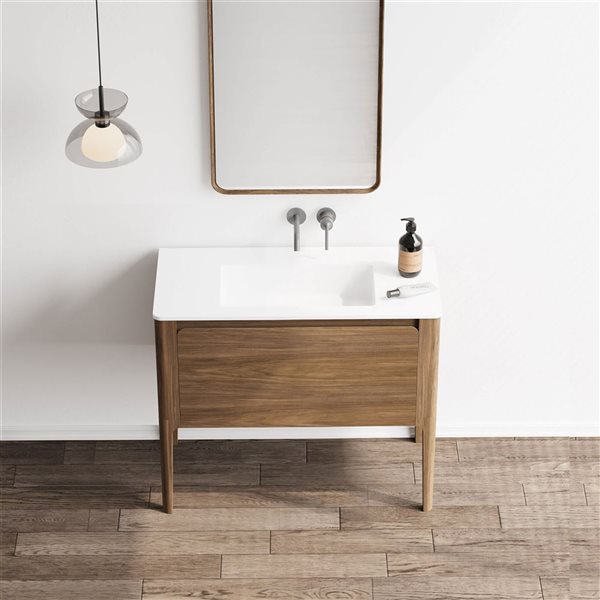 GEF Elaina 36-in W Walnut Wall Mount Single Sink Bathroom Vanity w/ Matte White Top on Walnut Legs
