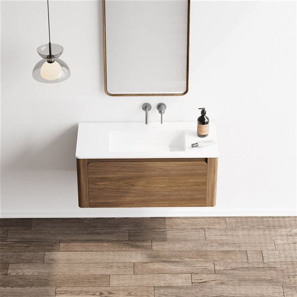 GEF Elaina 36-in W Walnut Wall Mount Single Sink Bathroom Vanity w/ Matte White Top