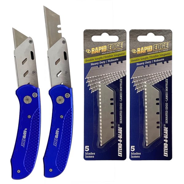 Rapid Edge Extend-A-Blade Folding Utility Knife with 5-Pack Serrated Double Length Utility Blades, 2 Pack