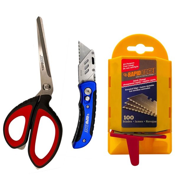 Rapid Edge Folding Utility Knife, 100 Pack Serrated Utility Blades and Offset Scissors Combo Pack