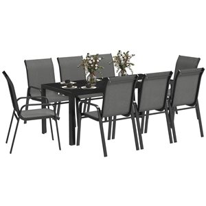 Outsunny 9-Piece Grey Metal Frame Patio Dining Set w/ Stackable Chairs and Glass Table Top