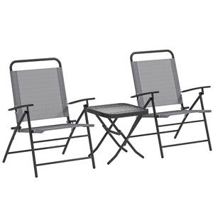 Ensemble de patio bistro Outsunny à 3 morceaux pliants en gris pâle avec cadre en métal et dessus de table en vitre