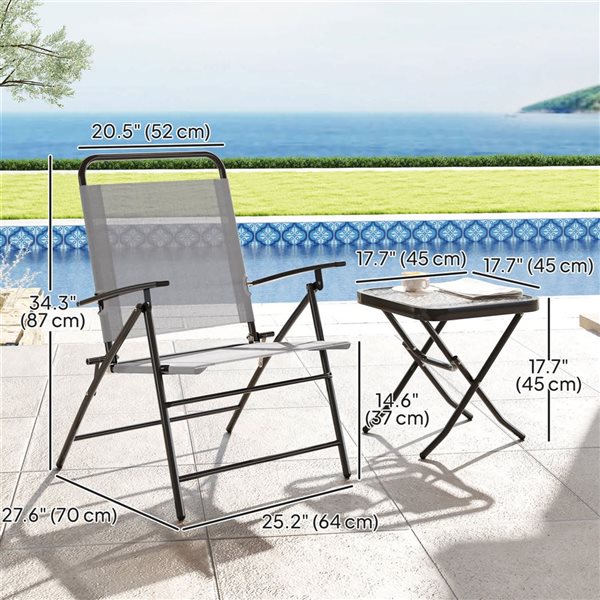 Outsunny 3-Piece Light Grey Metal Frame Folding Bistro Set w/ Glass Top Table
