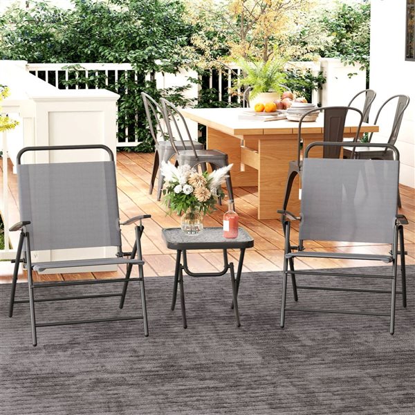 Outsunny 3-Piece Light Grey Metal Frame Folding Bistro Set w/ Glass Top Table