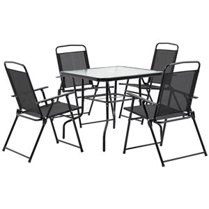 Outsunny 5-Piece Black Metal Frame Patio Outdoor Dining Set w/ Square Table
