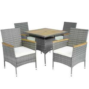 Outsunny 5-Piece Grey Rattan Wood Frame Patio Dining Set w/ Umbrella Hole and Cushions