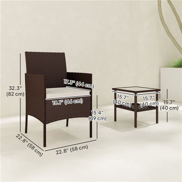 Outsunny 3-Piece Beige Wicker Metal Frame Patio Furniture Bistro Set w/ Cushions