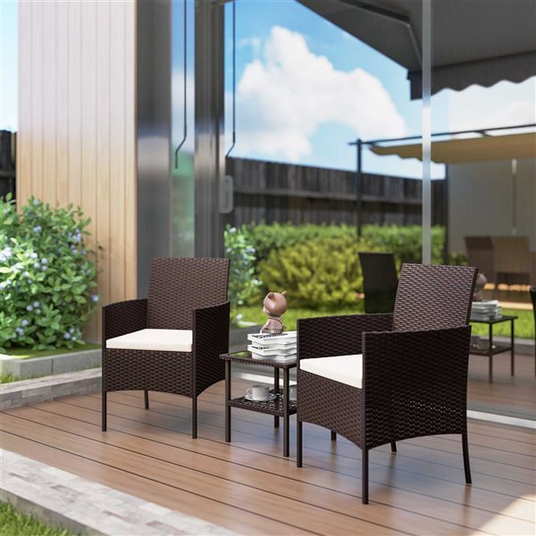 Outsunny 3-Piece Beige Wicker Metal Frame Patio Furniture Bistro Set w/ Cushions