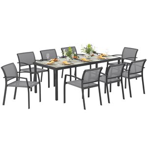 Outsunny 9-Piece Grey and Black Metal Frame Patio Dining Set w/ 8 Stackable Chairs