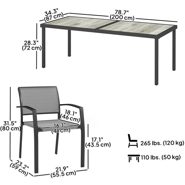 Outsunny 9-Piece Grey and Black Metal Frame Patio Dining Set w/ 8 Stackable Chairs