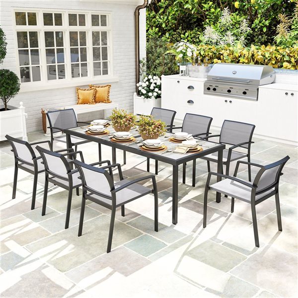 Outsunny 9-Piece Grey and Black Metal Frame Patio Dining Set w/ 8 Stackable Chairs