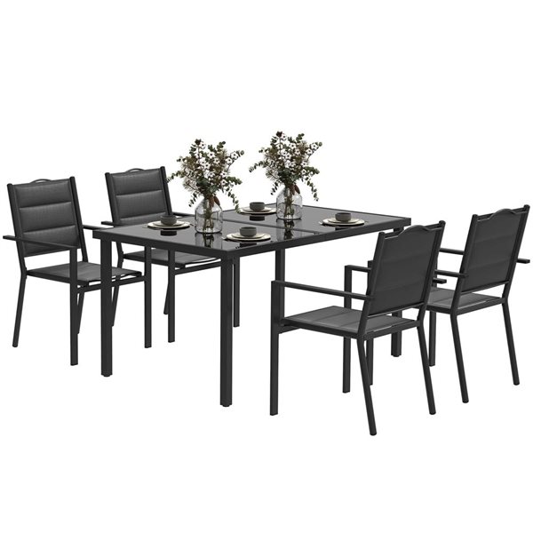 Outsunny 5-Piece Black Metal Frame Outdoor Dining Set w/ 4 Stackable Chairs and Cushions