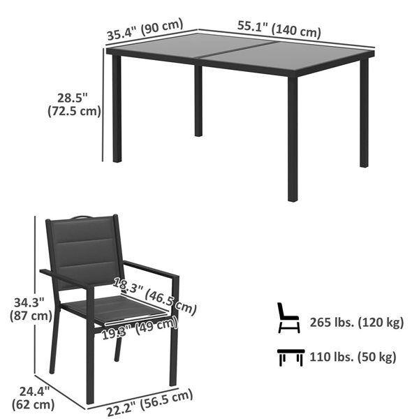 Outsunny 5-Piece Black Metal Frame Outdoor Dining Set w/ 4 Stackable Chairs and Cushions