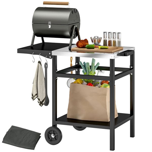Outsunny Black Steel 23 W x 30 H x 36-in D Outdoor Prep Table w/ Foldable Side Table
