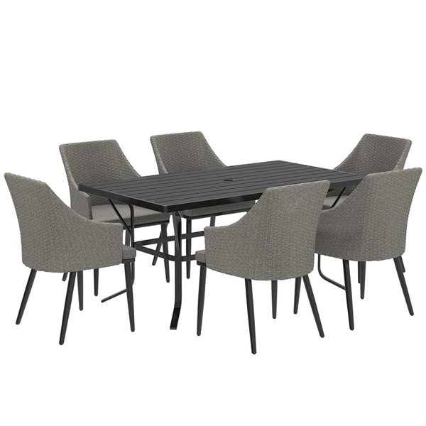 Ensemble de patio Outsunny à 7 morceaux en osier gris avec cadre en métal avec coussins et trou pour parasol
