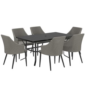 Outsunny 7-Piece Grey Wicker Metal Frame Patio Furniture Set w/ Cushions and Umbrella Hole