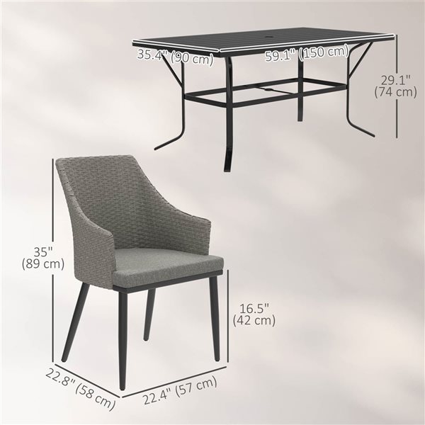 Ensemble de patio Outsunny à 7 morceaux en osier gris avec cadre en métal avec coussins et trou pour parasol