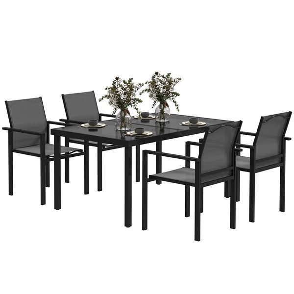 Outsunny 5-Piece Black and Grey Metal Frame Patio Dining Set w/ Umbrella Hole and 4 Stackable Chairs