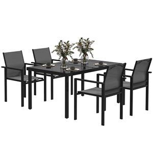 Outsunny 5-Piece Black and Grey Metal Frame Patio Dining Set w/ Umbrella Hole and 4 Stackable Chairs