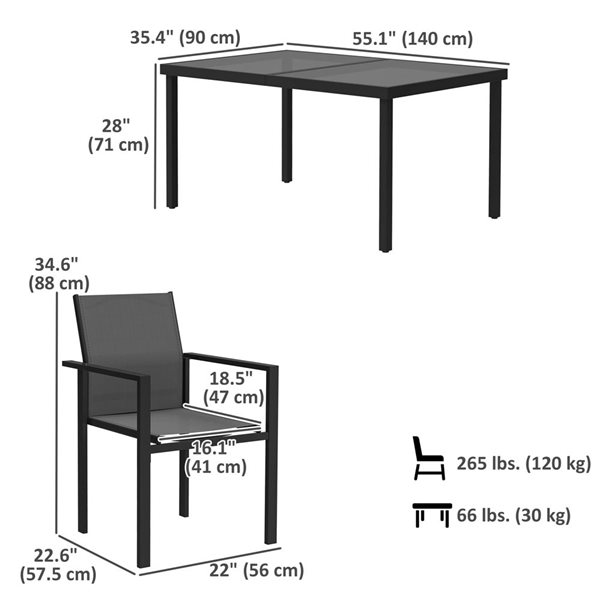 Outsunny 5-Piece Black and Grey Metal Frame Patio Dining Set w/ Umbrella Hole and 4 Stackable Chairs