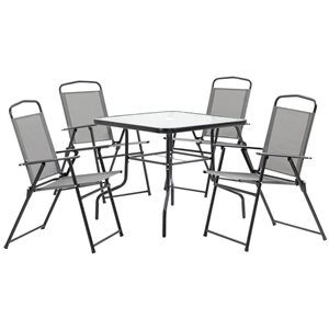 Outsunny 5-Piece Grey Metal Frame Patio Outdoor Dining Set w/ Square Table