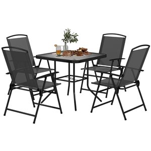 Outsunny 5-Piece Black Metal Frame Outdoor Patio Dining Set w/ Folding Chairs and Glass Table