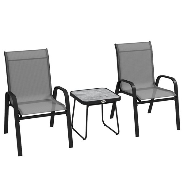 Outsunny 3-Piece Grey and Black Metal Frame Patio Bistro Set w/ Stackable Chairs and Square Table