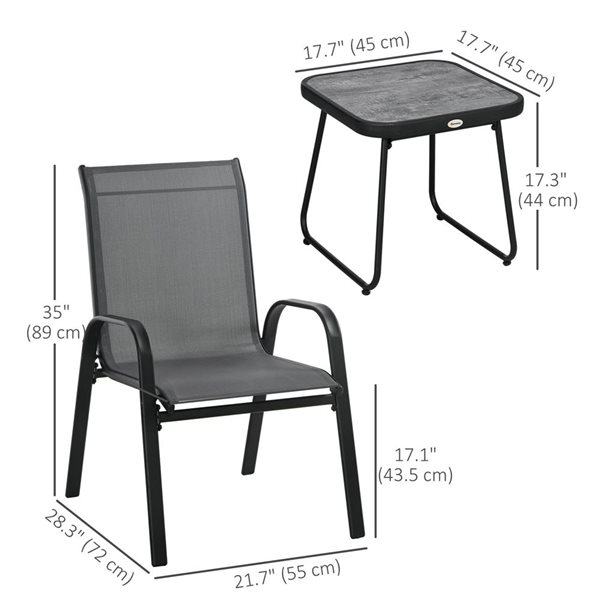 Outsunny 3-Piece Grey and Black Metal Frame Patio Bistro Set w/ Stackable Chairs and Square Table