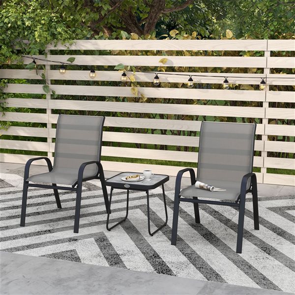 Outsunny 3-Piece Grey and Black Metal Frame Patio Bistro Set w/ Stackable Chairs and Square Table