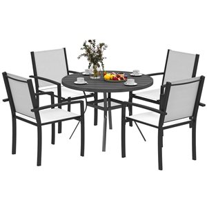 Outsunny 5-Piece White and Black Metal Frame Outdoor Dining Set w/ Round Table and 4 Stackable Chairs