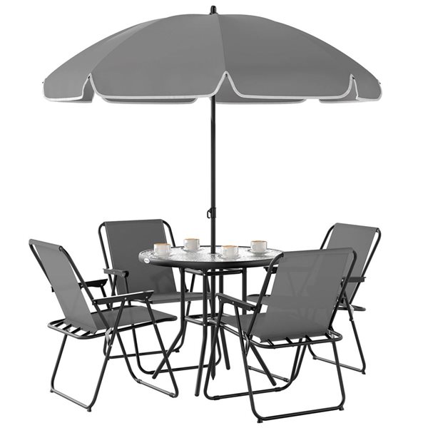 Outsunny 6-Piece Grey Metal Frame Folding Patio Dining Set w/ Umbrella