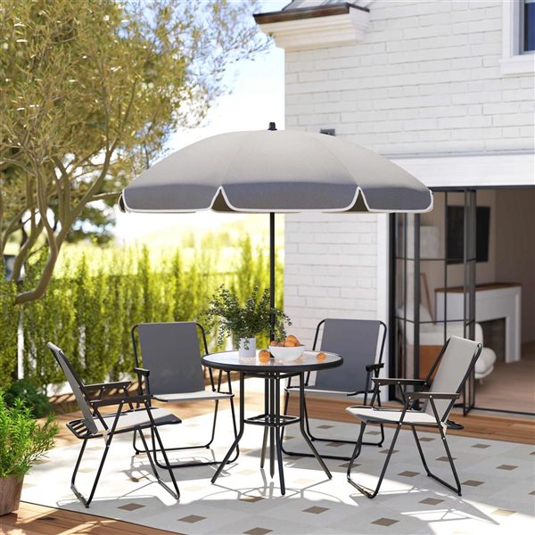 Outsunny 6-Piece Grey Metal Frame Folding Patio Dining Set w/ Umbrella