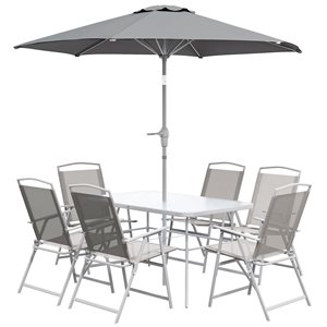 Outsunny 8-Piece Grey Metal Frame Patio Dining Set w/ Umbrella