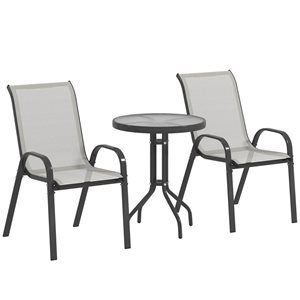 Ensemble de patio bistro Outsunny à 3 morceaux en gris foncé avec cadre en métal et chaises empilables