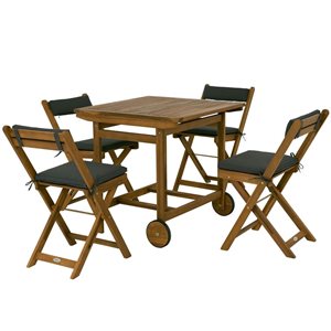 Outsunny 5-Piece Brown Movable Wood Patio Dining Set w/ Folding Chairs and Cushions