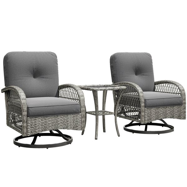 Ensemble de patio Outsunny à 3 morceaux pivotant en osier gris avec cadre en métal et coussins