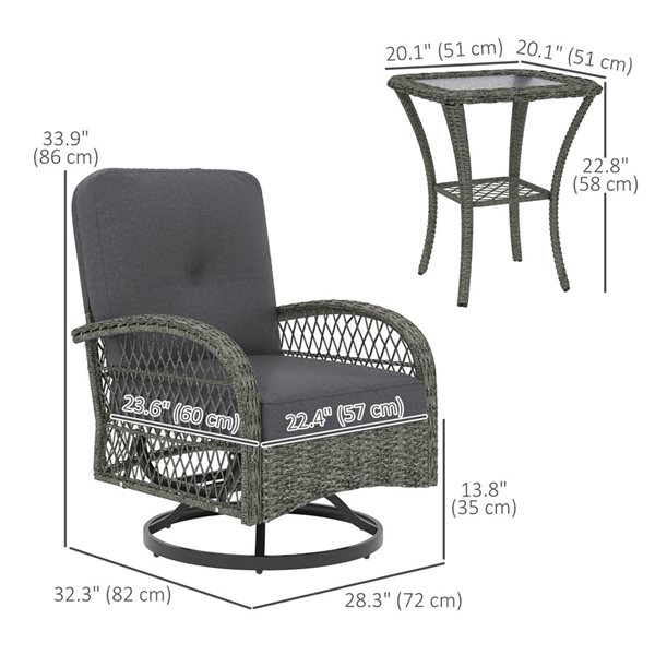 Ensemble de patio Outsunny à 3 morceaux pivotant en osier gris avec cadre en métal et coussins