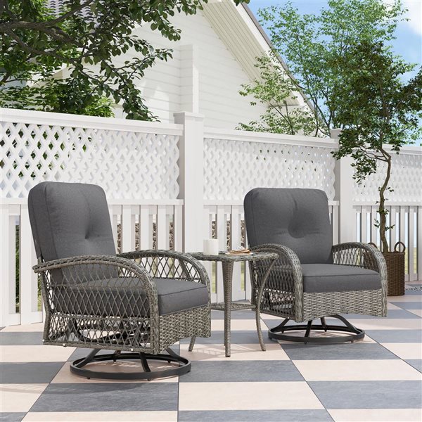 Ensemble de patio Outsunny à 3 morceaux pivotant en osier gris avec cadre en métal et coussins