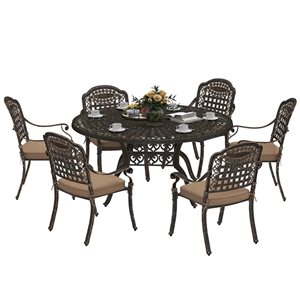 Outsunny 7-Piece Brown Aluminum Patio Dining Set w/ Umbrella Hole and Cushions