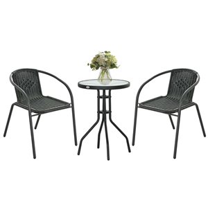 Outsunny 3-Piece Black Metal Frame Patio Furniture Set w/ 2 Stackable Chairs