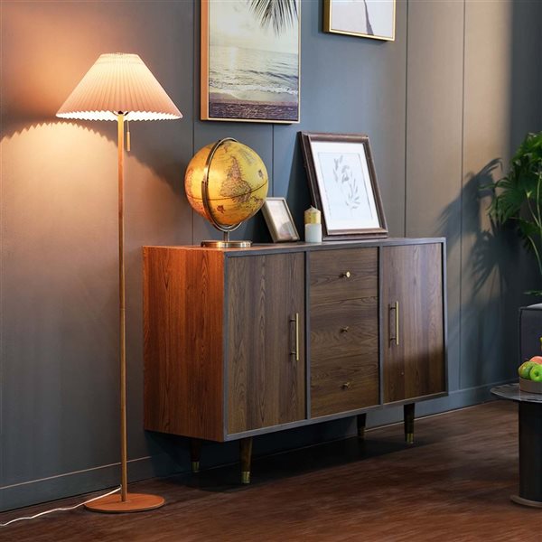 Globe Electric 62-in H Wood-Toned Finish Floor Lamp with Pleated Fabric Shade