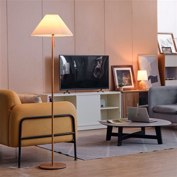 Globe Electric 62-in H Wood-Toned Finish Floor Lamp with Pleated Fabric Shade