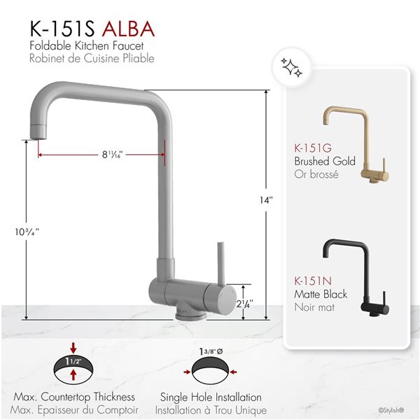 Stylish Brushed Stainless Steel 1 Lever Handle Deck-Mount High-Arc Foldable Kitchen Faucet