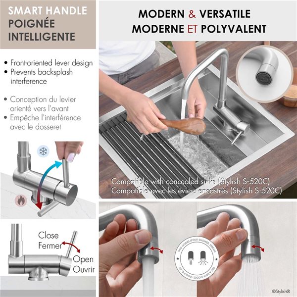 Stylish Brushed Stainless Steel 1 Lever Handle Deck-Mount High-Arc Foldable Kitchen Faucet