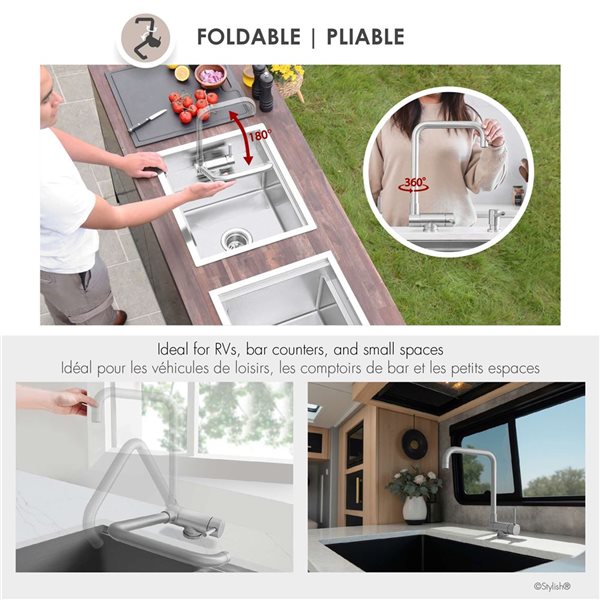 Stylish Brushed Stainless Steel 1 Lever Handle Deck-Mount High-Arc Foldable Kitchen Faucet